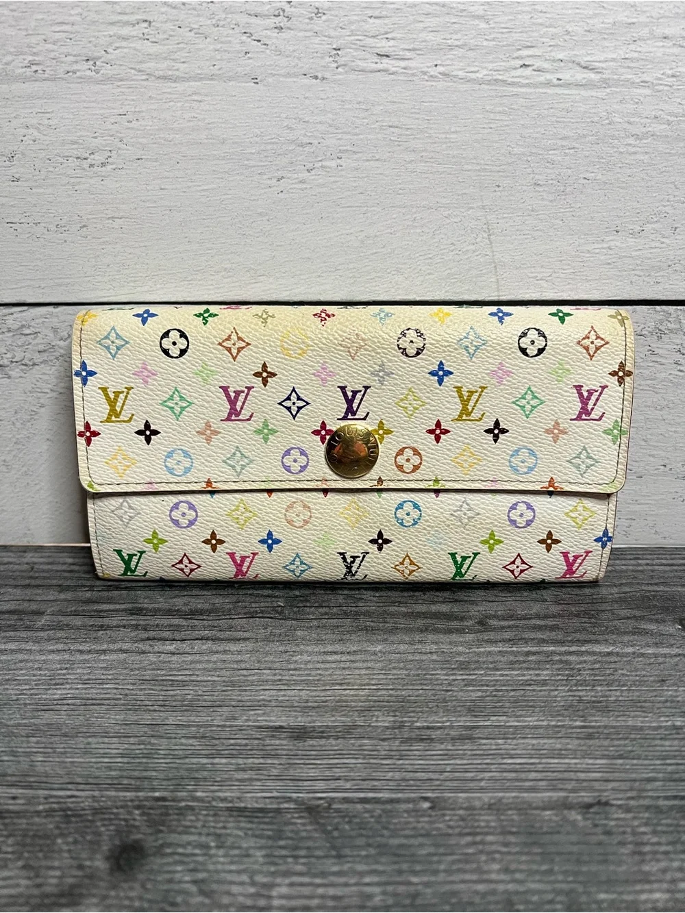 Authentic Louis Vuitton Murakami White Multicolor Monogram Canvas Sarah Wallet